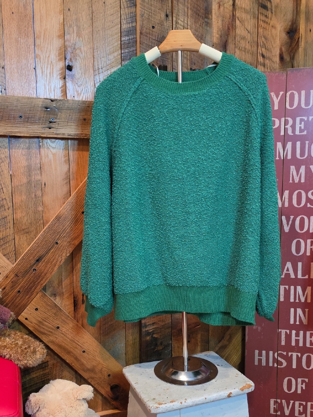071p Umgee Teal Green Textured Crewneck Sweater